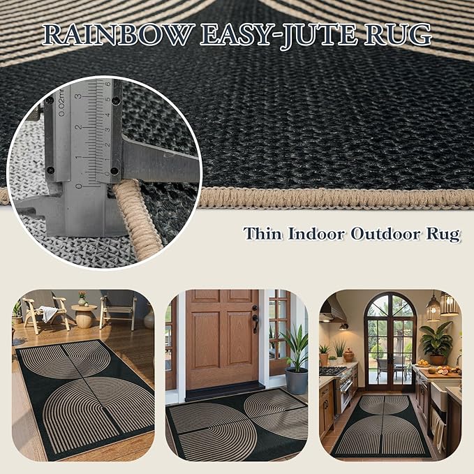 Lahome Enfys Modern Rainbow Easy Jute Outdoor Patio Rug, 3x5 Black Washable Rugs for Entryway Office Farmhouse Classroom Carpet, Contemporary Non Slip Front Door Mat for Porch Guestroom Room Decor