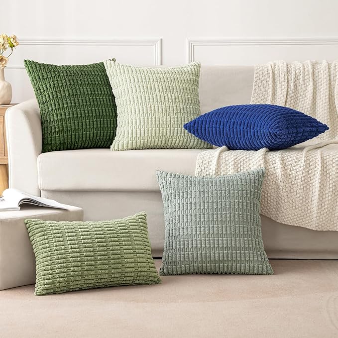 MIULEE Pack of 2 Spring Corduroy Decorative Throw Pillow Covers 18x18 Inch Soft Boho Striped Pillow Covers Modern Farmhouse Home Decor for Summer Sofa Living Room Couch Bed Moss Green