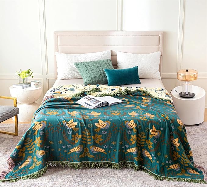 MSGKV Boho Throw Blanket 100% Cotton Blankets for Bed Couch 60''x80'', Spring Breathable Farmhouse Bird Blankets Quilt Muslin Home Decor
