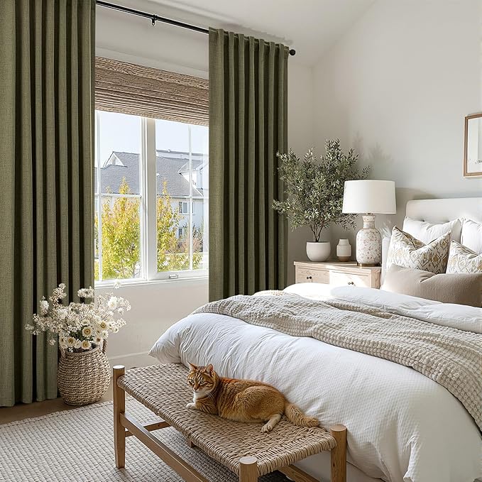 MIULEE 100% Blackout Linen Curtains for Bedroom, Light Olive Green Solid Luxury Decor Thermal Insulation Room Darkening Drapes for Living Room Nursery Back Tab Rod Pocket 42 x 63 Inches, 2 Panels