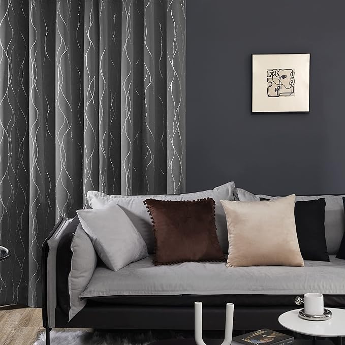 Deconovo Living Room Curtains, Blackout Drapes, Thermal Insulated Soundproof Panels, Modern Silver Wave Dots Print, 42 x 95 Inch Long, Machine Washable Panel for Bedroom Nursery, Set of 2, Light Grey