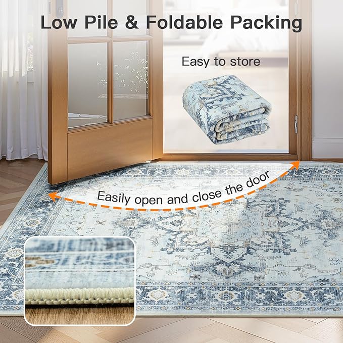 Lofus 5x7 Area Rugs for Living Room, Machine Washable Non-Slip Area Rug, Low Pile Large Rugs for Bedroom, Kitchen, Dining Room, Home Office, Vintage Oriental Print Rug, Blue Gold