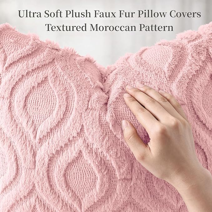 decorUhome Throw Pillow Covers 16x16 Inch Set of 2, Soft Plush Faux Wool Pink Solid Couch Pillow Covers, Accent Farmhouse Neutral Square Pillow Cases for Sofa Bed Living Room