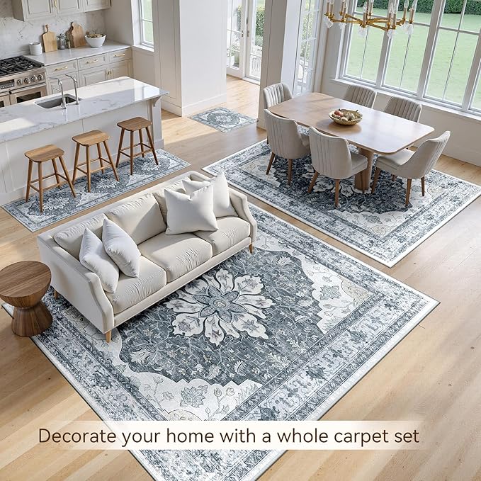 RELEANY Area Rugs 3'x5' Washable Non-Slip, Floral Vintage Distress Print Pattern Medallion Carpet for Living Room Bedroom Dining Room, Light Gray Grey White