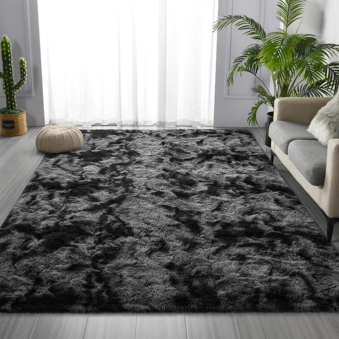 Deerhoo Large Shag Area Rugs 8 x 10, Tie-Dyed Plush Fuzzy Rugs for Living Room, Ultra Soft Fluffy Furry Rug for Bedroom, Indoor Carpet Nursery Rugs for Kids Room Home Decor, Dark Grey