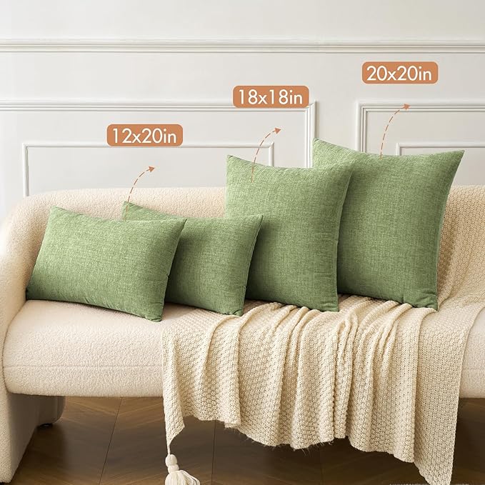 MIULEE Pack of 2 Couch Throw Pillow Covers 12x20 Inch Spring Soft Sage Green Chenille Lumbar Pillow Covers for Sofa Living Room Solid Dyed Cases