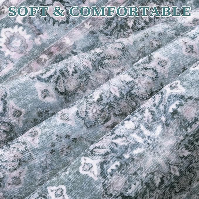SERISSA 3x5 Boho Floral Area Rugs for Bedroom, Washable Kitchen Rugs Non-Slip, Ultra Soft Print Distressed Vintage Blue Grey Entry Rug Low-Pile Throw Rug Carpet for Bedroom Living Room Dorm Decor