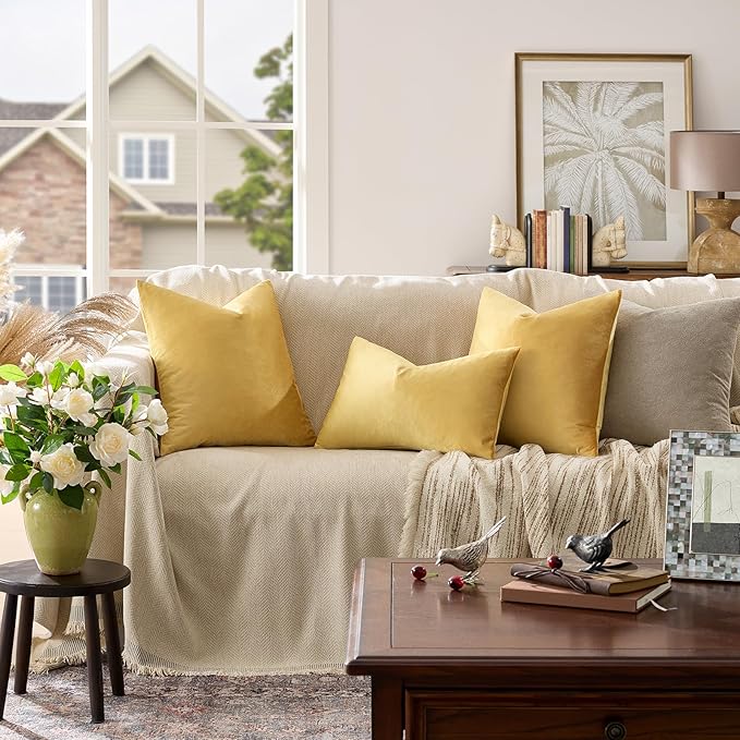 GIGIZAZA Decorative Couch Throw Pillow Covers,Set of 2 Yellow Square Pillow Cushion Covers 22x22,Pillow Cases Velvet Pillow Covers