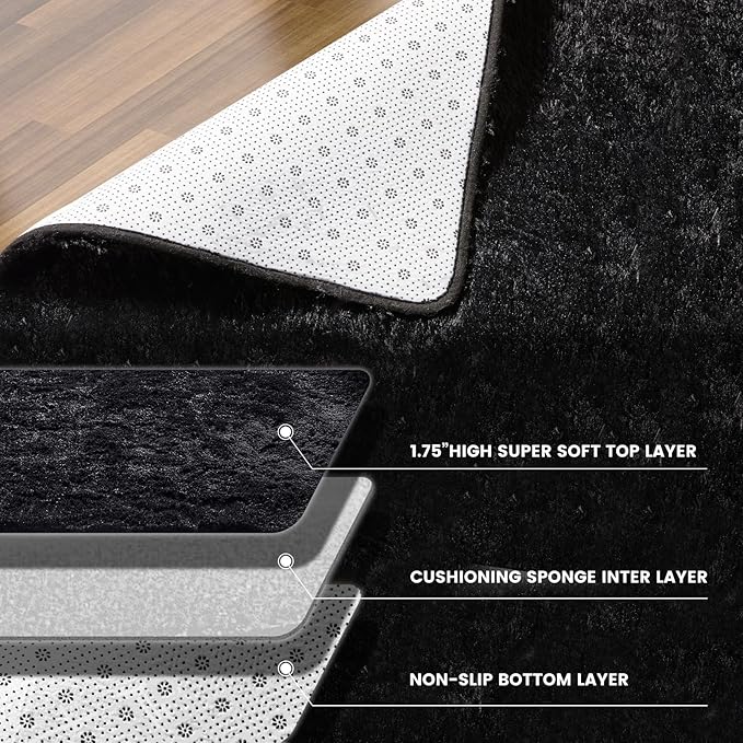 KNZE Super Soft Area Rugs for Living Room 5x7 Black, Fluffy Furry Shaggy Fuzzy Area Rug, Upgrade Anti-Skid Rectangular, High Pile Soft Throw Rug for Bedroom and Kids Room, Home Decor Aesthetic