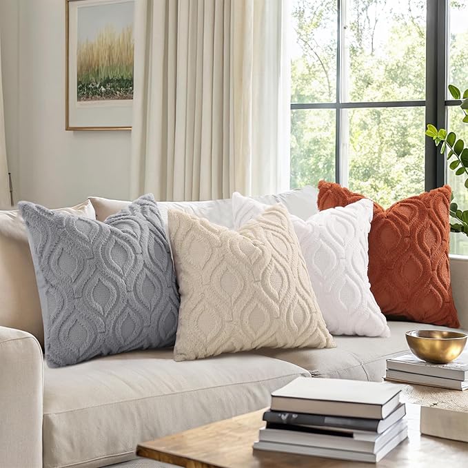 decorUhome Throw Pillow Covers 20x20 Inch Set of 2, Soft Plush Faux Wool Cream White Solid Couch Pillow Covers, Accent Farmhouse Neutral Square Pillow Cases for Sofa Bed Living Room