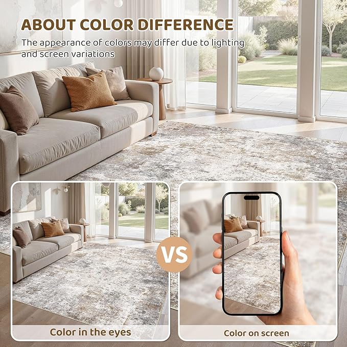 UERMEI 5x8 Area Rug Living Room Rugs - Washable Neutral Modern Abstract Soft Thin Large Rug Indoor Floor No Slip Rug Carpet for Bedroom Under Dining Table Home Office Decor - Brown Grey