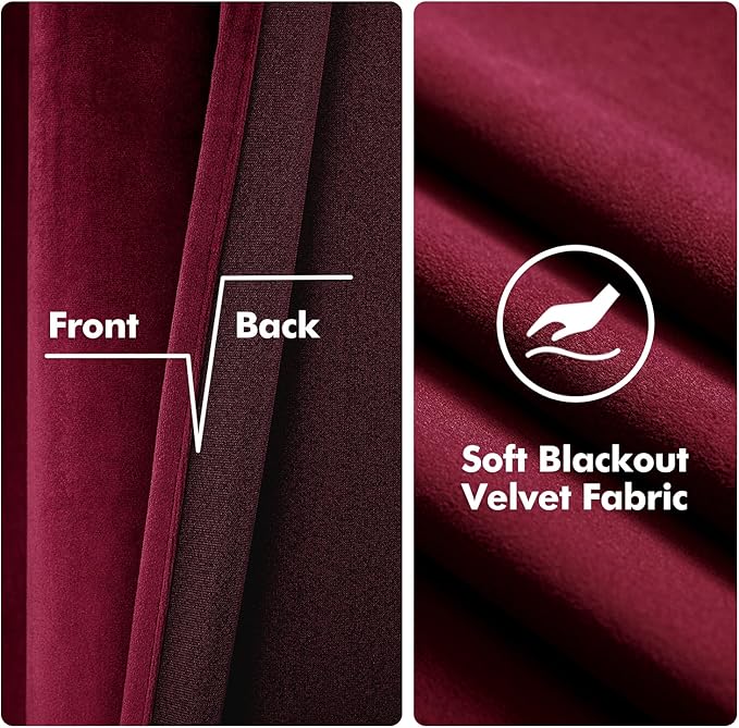 MIULEE Christmas Burgundy Velvet Curtains Solid Soft Red Blackout Curtains Grommet Thermal Soundproof Room Darkening Long Black Out Drapes for Living Room Bedroom 52 x 96 Inch Length 2 Panels