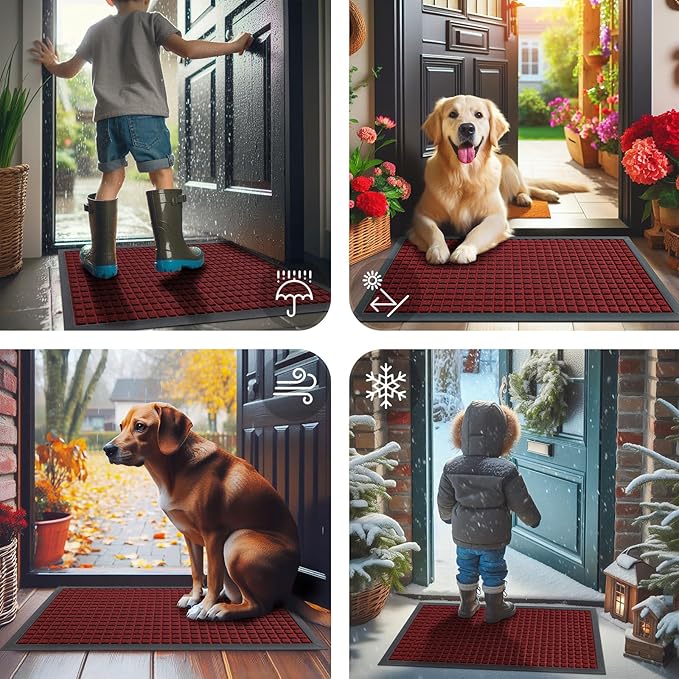 Smiry Front Door Mat Outside Entrance, Heavy Duty Natural Rubber Doormat, Non Slip, Trap Dirt and Moisture, Easy Clean, Low Profile Welcome Floor Mats for Indoor Outdoor Entry, 59x23 Inch, Red