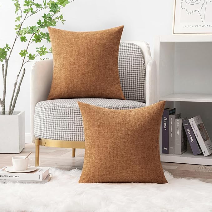 MIULEE Pack of 2 Brown Throw Pillow Covers 24x24 Inch Soft Chenille Pillow Covers for Sofa Living Room Couch Solid Dyed Cases