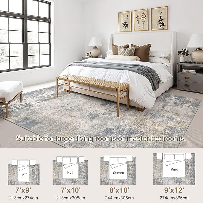 UERMEI 8x10 Area Rug Living Room Rugs - Washable Neutral Modern Abstract Soft Thin Large Rug Indoor Floor No Slip Rug Carpet for Bedroom Under Dining Table Home Office Decor - Blue Grey