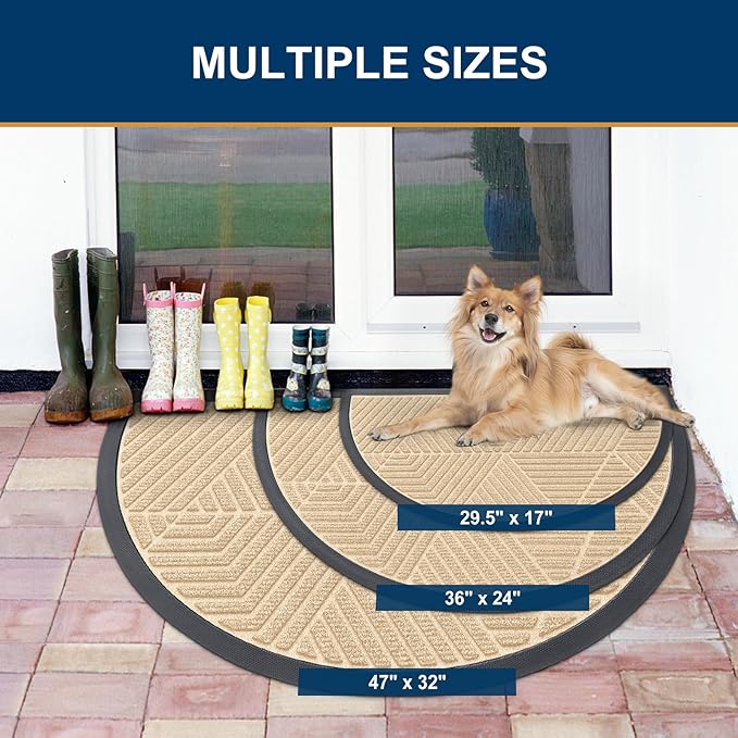 Smiry Half Circle Front Door Mat Outside Entrance, Heavy Duty Sturdy Natural Rubber Doormat, Trap Dirt and Moisture, Low Profile Mats for Indoor Outdoor Entry, Irregular Triangle (29.5x17, Beige)