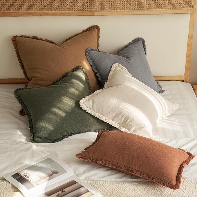 MIULEE Decorative Throw Pillow Covers Neutral Linen Fringe Throw Pillows Euro Shams Set of 2 Olive Green Boho Farmhouse Cushion Covers for Couch Sofa Bed Living Room Spring Home Decor 28x28 Inch