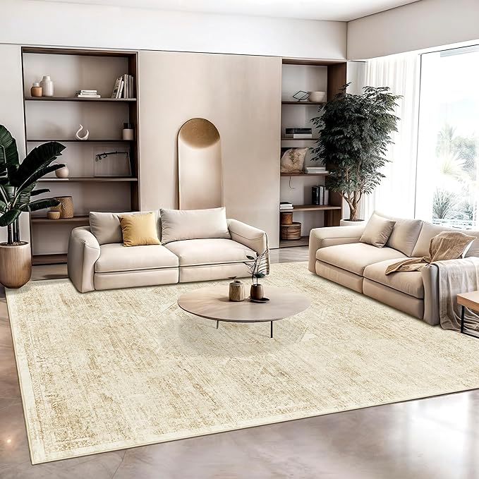Soalmost Washable Area Rug 8x10, Large Soft Rugs for Living Room Vintage Beige 8x10 Area Rugs for Bedroom Dining Room Floral Non-Slip Thin Rug