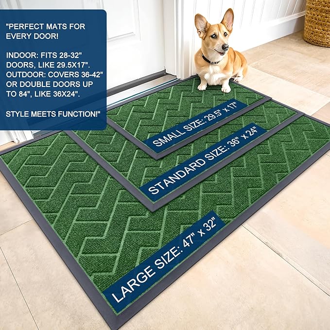OLANLY Front Door Mat Indoor Outdoor Entrance, Waterproof All-Season, All-Weather Doormat, Sturdy Natural Rubber, Low Profile, Easy Clean Patio Porch Entryway Mat, Herringbone Brick (Green, 59x35)