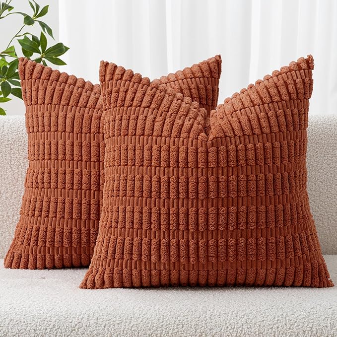 MIULEE Pack of 2 Rust Corduroy Decorative Euro Sham Pillow Covers 24x24 Inch Soft Boho Striped Throw Pillow Covers Modern Farmhouse Home Decor for Summer Sofa Living Room Couch Bed