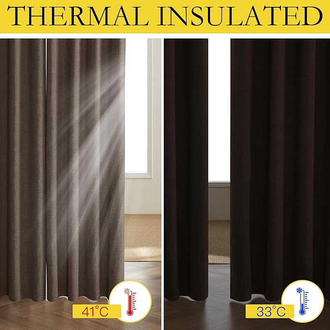 NICETOWN Coffee Vintage Linen 100% Blackout Curtains for Living Room, Thermal Insulated Curtains 72" Long, Noise Reducing Window Treatment Drapes for Hall Room, 52" Wide Per Panel, Set of 2