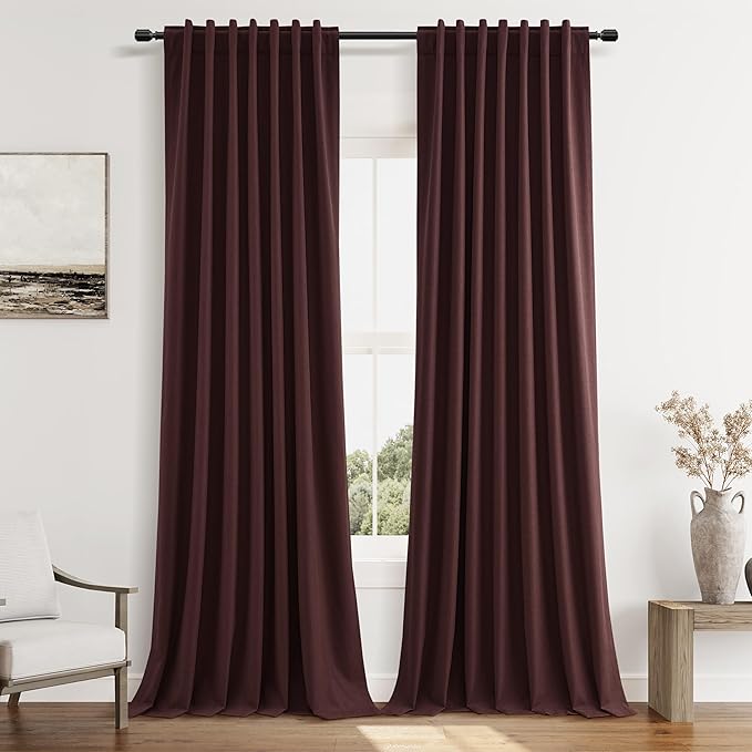 Guken 100% Blackout Curtains 96 Inch Length 2 Panels Set for Living Room Bedroom Back Tab Thermal Insulated Black Out Linen Drapes Room Darkening Reddish Brown,52x96