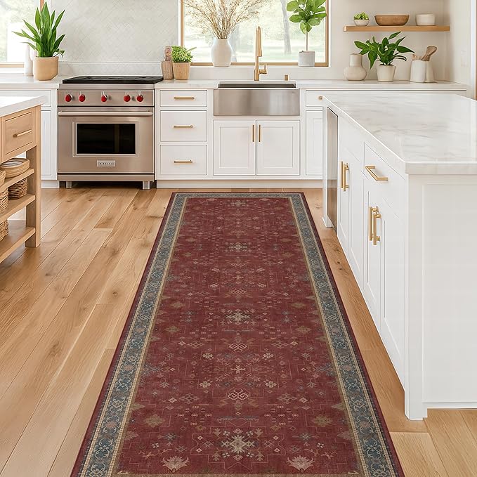 Dark Red 2'6''x10' Wide Hallway Runner Rug - 10ft Long Washable Non Slip Indoor Door Mats for Entryway, Low Pile & Soft Boho Geometric Floral Pattern Burgundy Area Rug