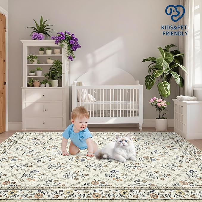 Washable Kitchen Runner 2x6 Non-Slip Floral Carpet Runner for Entryway Indoor Ultra Soft Stain Resistant Long Rugs Farmhouse Floor Mat for Hallways Laundry Bedroom Beige