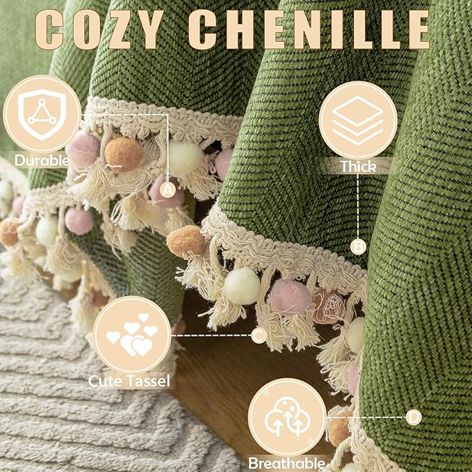 HANDONTIME Green Sofa Cover Vintage Couch Cover for Dogs 71" X134" Couch Cushion Covers with Tassel Herringbone Sofa Cover Boho Sofa Covers for 3 Cushion Couch Chenille Soft Loveseat Sofa Covers