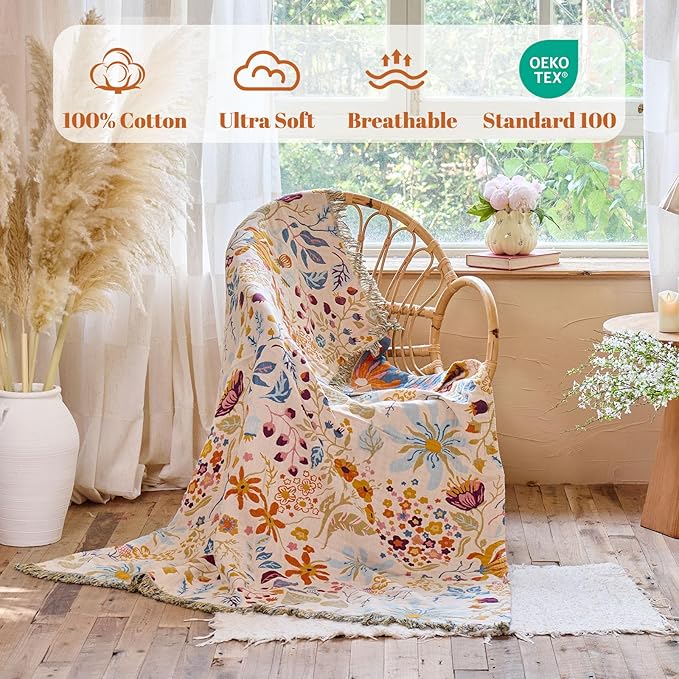 MSGKV Boho Throw Blanket for Bed 100% Cotton Floral Twin Size Couch Blanket 60"x80" Muslin Spring Breathable Lightweight Farmhouse Blankets All Seasons