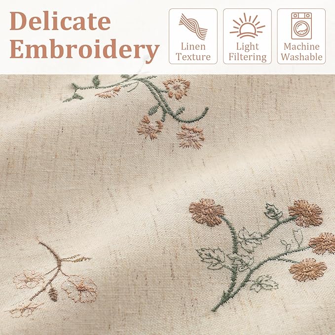 Floral Embroidered Linen Blend Curtains for Bedroom, 84 Inch Light Filtering Spring Farmhouse Vintage Drapes Beige Flower Window Treatments for Living Room Rod Pocket, Set of 2 Panels