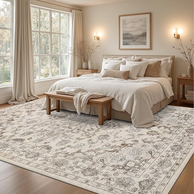 8x10 Area Rugs for Living Room: Washable Rug Soft Vintage Distressed Floral Carpet Indoor Floor Non-Slip Stain Resistant Large Carpets for Bedroom Dining Room Farmhouse Nursery Home Office Brown Beige