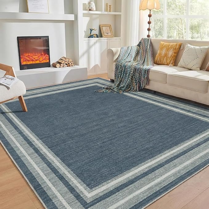 OPPODREAM Border Soft Area Rugs 5x7, Washable Blue Rug with Non Slip Backing, 5 x 7 Faux Cashmere Low-Pile 5x7 Carpet