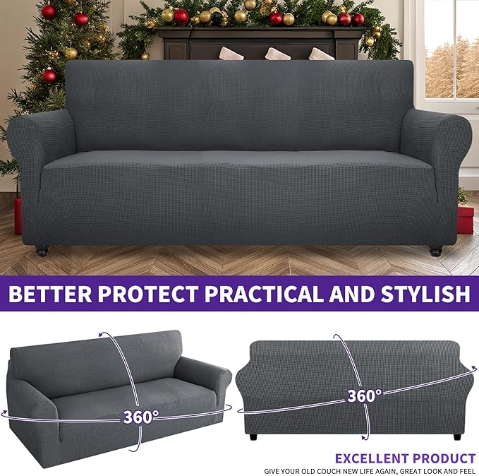 ZNSAYOTX Super Stretch Couch Cover (72"-92") Universal Sofa Covers with Elastic Bottom, Dog Cat Pets Friendly Washable Furniture Protector Fitted Sofa Slipcovers Stay in Place (Dark Grey, Sofa)