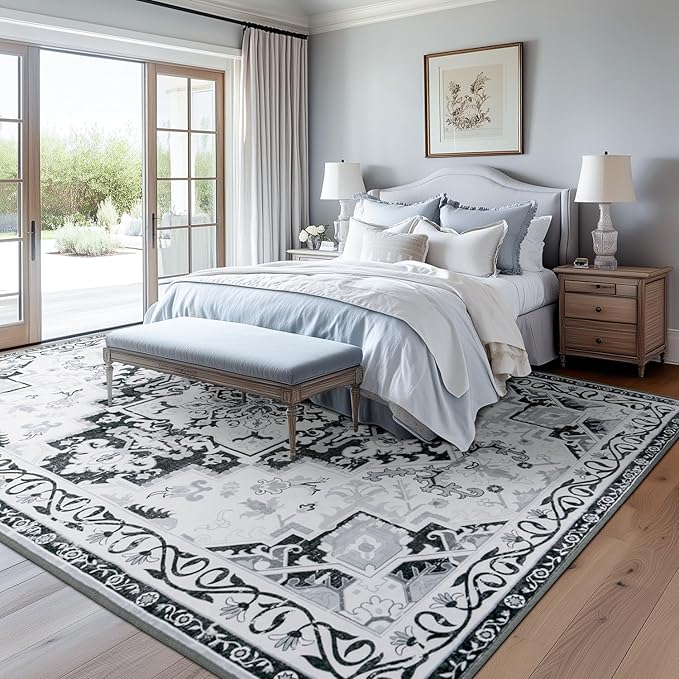 Rugflix 5x7 Area Rug for Living Room, Machine Washable Area Rugs with Non-Slip Backing, Large Soft Boho Vintage Rug for Bedroom, Dining Room, Low Pile Carpet, Kids Pet Friendly, Grey