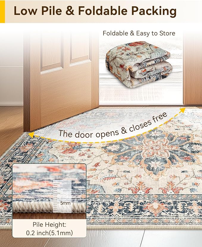 Area Rugs 3'x9' Runner Rug Non Slip Washable for Kitchen Hallway Bedroom Beside Laundry Room Bathroom Rug, Floor Carpet, Beige Navy Blue Orange Colorful