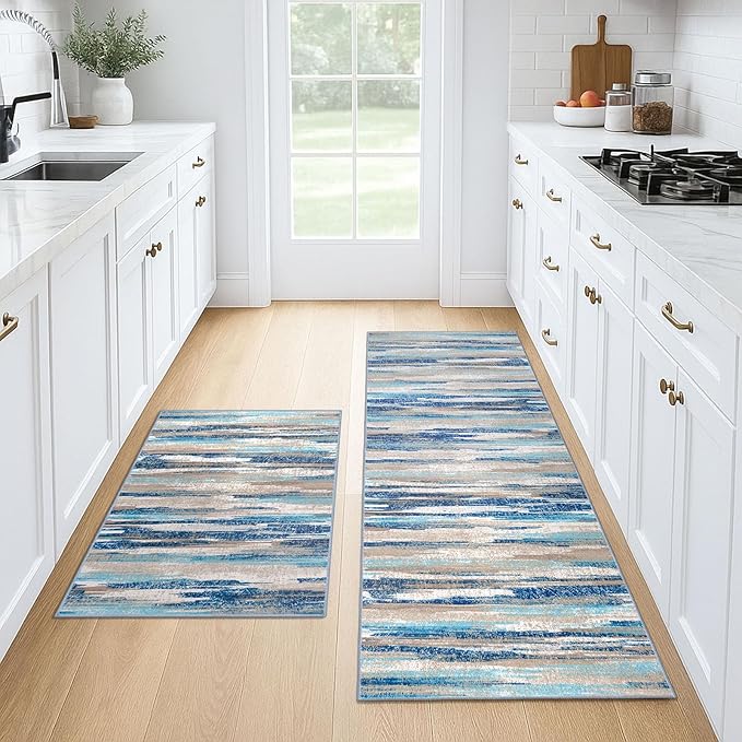 Lansny Modern Abstract Kitchen Rug Set of 2, 2x3 and 2x6 Blue Washable Rug Runner Non Slip Kitchen Mat, Soft Faux Wool Throw Carpet for Entryway, Hallway, Bedroom, Bedside, Laundry Room, Office