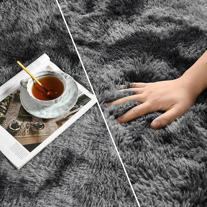 Deerhoo Large Shag Area Rugs 10 x 14, Tie-Dyed Plush Fuzzy Rugs for Living Room, Ultra Soft Fluffy Furry Rug for Bedroom, Anti-Skid Indoor Carpet Nursery Rugs for Kids Room Home Decor, Dark Grey