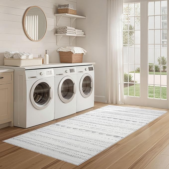 Nakagishi Runner Rug Kitchen Washable Rugs: 2x6 Non-Slip Boho Soft Modern Stain Resistant Indoor Floor Neutral Farmhouse Throw Carpet for Hallway Bathroom Laundry Room Entryway Bedroom- Gray