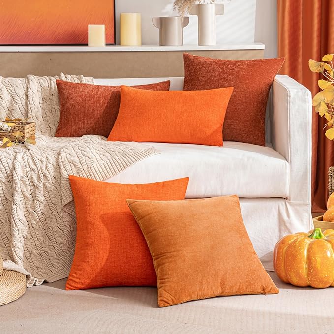 MIULEE Pack of 2 Orange Throw Pillow Covers 20x20 Inch Soft Chenille Pillow Covers for Sofa Living Room Couch Solid Dyed Cases
