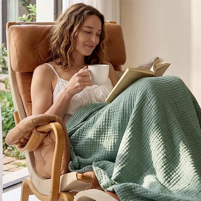 Bedsure 100% Cotton Muslin Throw Blanket Twin XL for Bed - 4-Layer Breathable and Lightweight Thin Soft Summer Gauze Muslin Blankets for Adults, Sage Green, 66x90 Inches