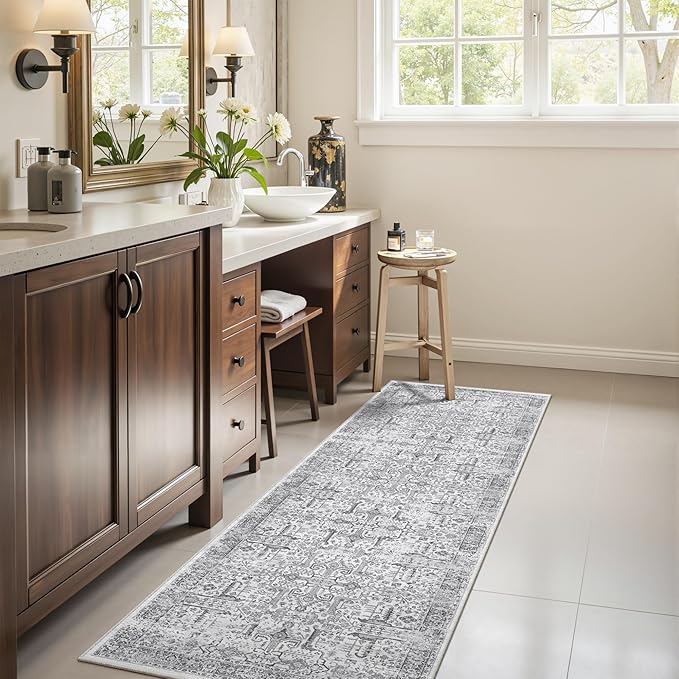 2x6 Hallway Washable Runner Rug - Soft Non Slip Vintage Rugs for Entryway Low-Pile Farmhouse Neutral Kitchen Runners Living Room Floor Mat Stain Resistant Distressed Carpet for Bedroom Bathroom Grey