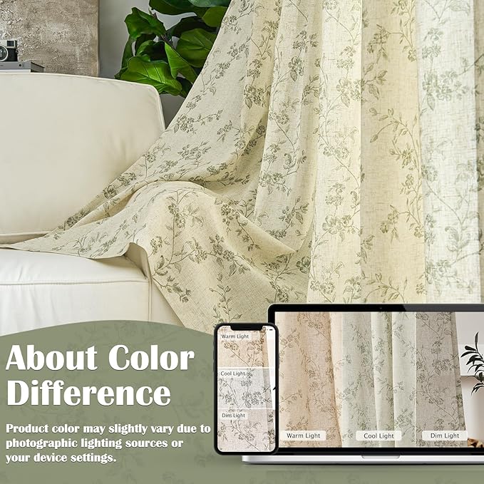 Lazzzy Green Floral Linen Curtains 90 Inch Farmhouse Back Tab Drapes for Living Room Bedroom Light Filtering Vintage Grandmillennial Rod Pocket Curtains, 2 Panels, W38 x L90, Green on Beige