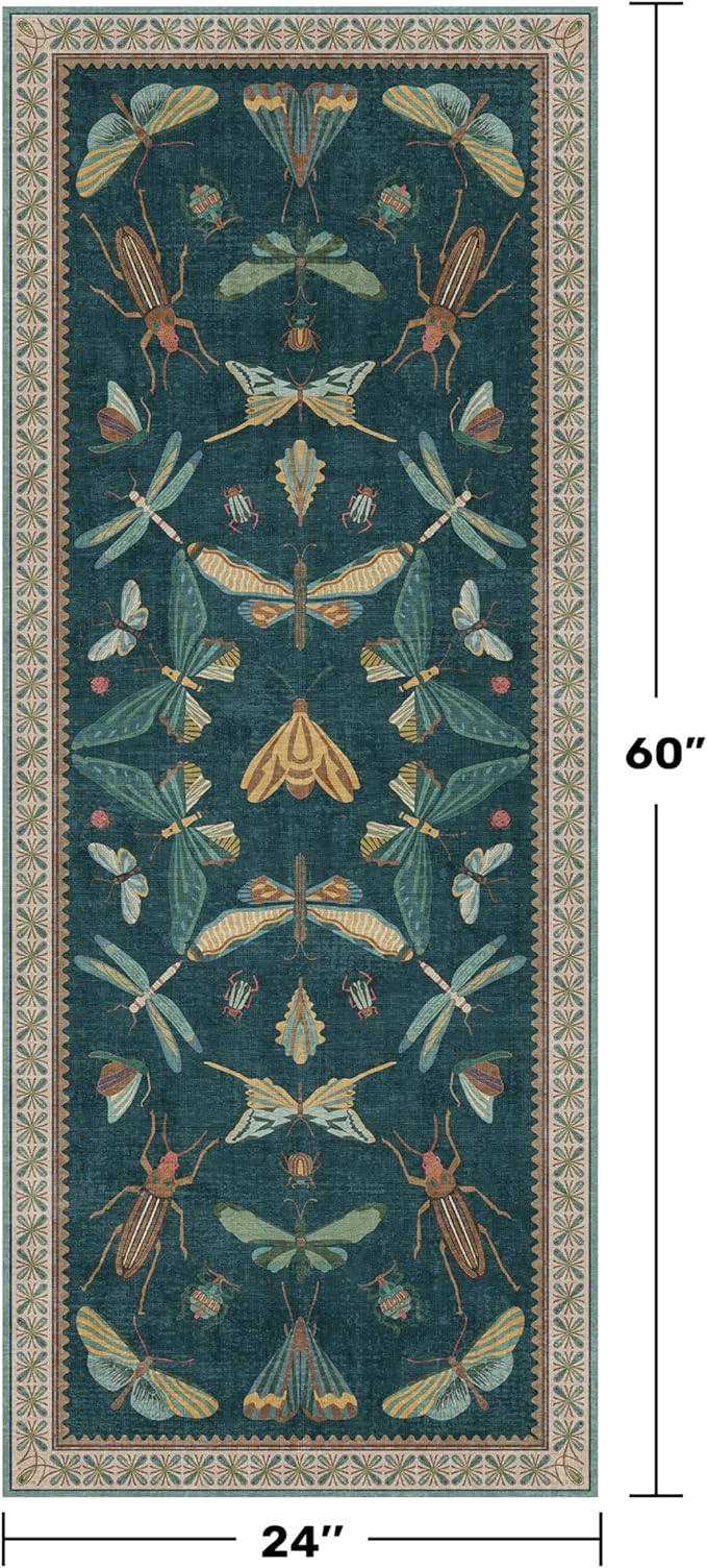 Hazo Haus Brown and Green Kitchen Sink Runner Rug 2x5 - Teal Boho Bathroom Rugs for Entrance Indoor, Insect Print Floral Vintage Unique, Washable Non Skid Stain Resistant