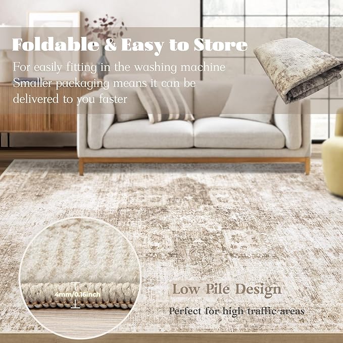 Area Rug 9x12 Washable Rug, Vintage Boho Medallion Rugs Non-Slip Soft Low Pile Large Distressed Rug Indoor Retro Carpet for Living Room Bedroom Dining Room Home Office (Brown, 9'x12')
