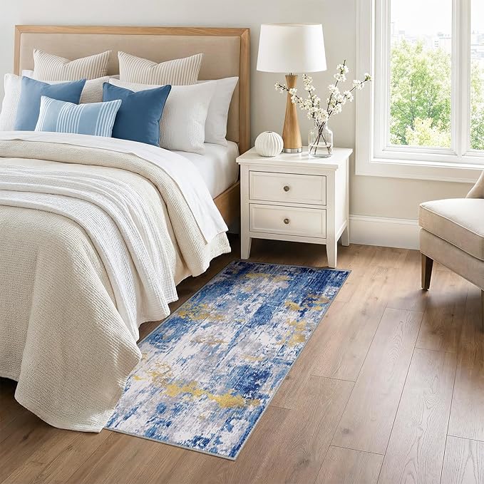 Washable Area Rugs 3x6 Non-Slip Modern Abstract Soft for Living Room Entryway Bedroom Nursery, Print Pattern, Grey Blue Gold/Golden