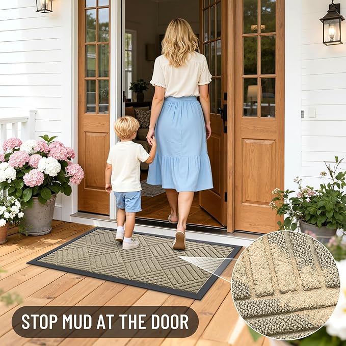 OLANLY Front Door Mat Outside Entrance 47x32, Absorbent, Heavy Duty Sturdy Natural Rubber Doormat Indoor Outdoor, Stain and Fade Resistant, Non-Slip Low Profile Floor Mat for Entryway, Beige Diamond