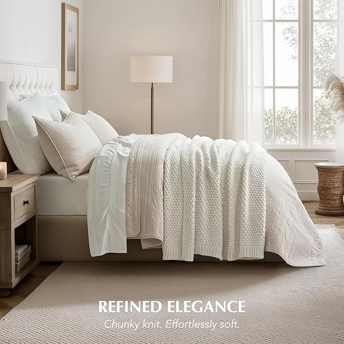 EVERGRACEHOME Chunky Chenille Knit Throw Blanket for Couch, Soft Luxurious Moss Stitch Blankets for Bed, Cozy Decorative Farmhouse Knitted Throws for Sofa, Bright White, 50" x 60"