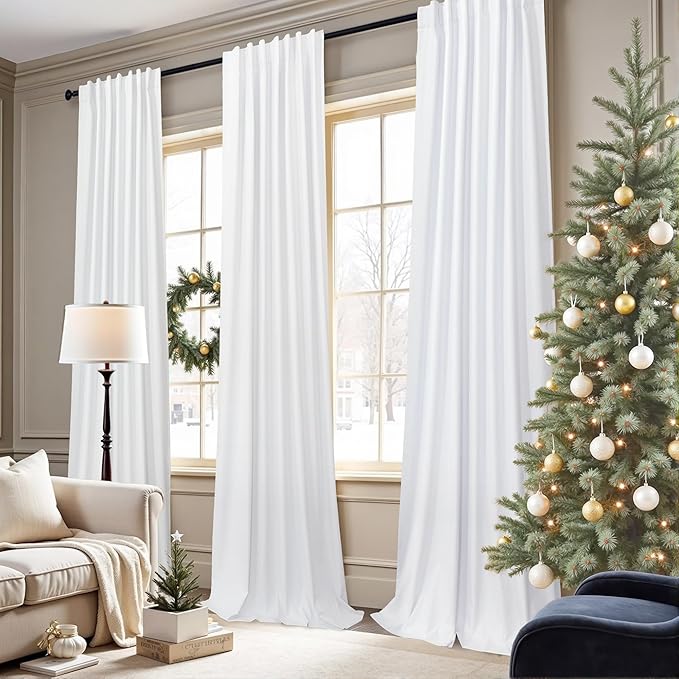 Room Divider Curtains 12ft Extra Long Blackout Curtains for High Ceiling Living Room Large Window Linen Look Drapes 132 Inches Long 2 Panels Set Noise Cancelling Thermal Light Blocking Farmhouse White