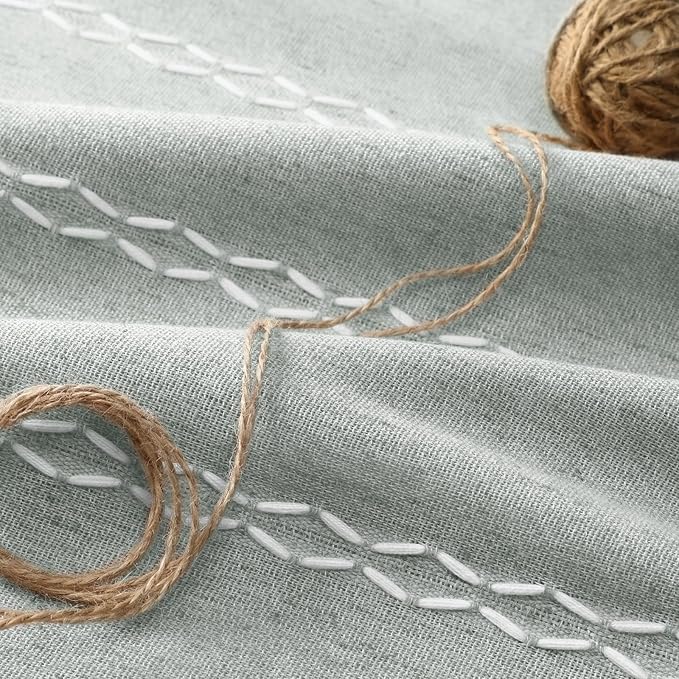 Teal Boho Blackout Curtains 63 Inches Long Light Green Linen Blend 2 Panels with Tassels and Cotton Embroidery, Farmhouse Vintage Rustic Rod Pocket Drapes for Living Room or Bedroom